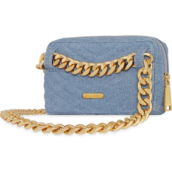 Rebecca Minkoff Eddie Blue Denim Chevron Quilted Gold Chain Belt Bag NWT - Picture 2 of 16